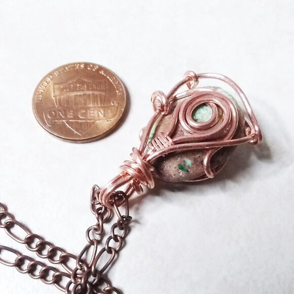 Reversible! Copper Wire Wrap Green Jasper Pendant + 21" Figaro Chain - Handmade - Picture 7 of 13